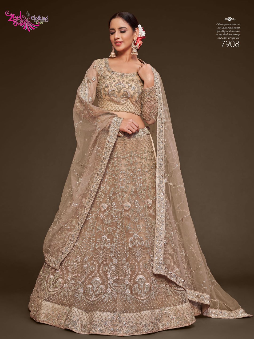 Net Wedding Lehenga in Beige with Zari work-90983