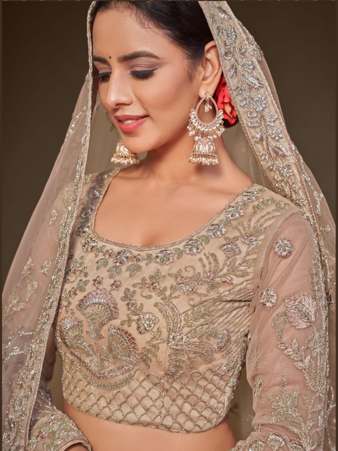 Net Wedding Lehenga in Beige with Zari work-90983