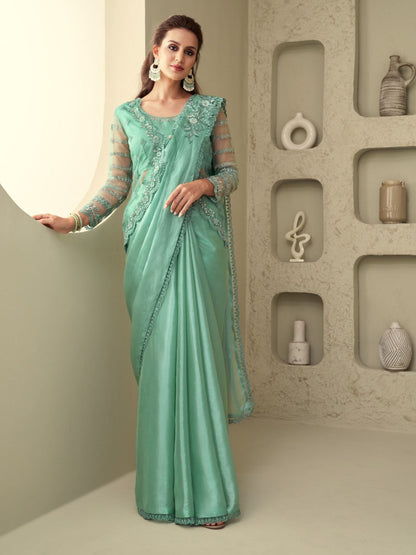 Embroidered Shimmer Silk Wedding Saree In Turquoise