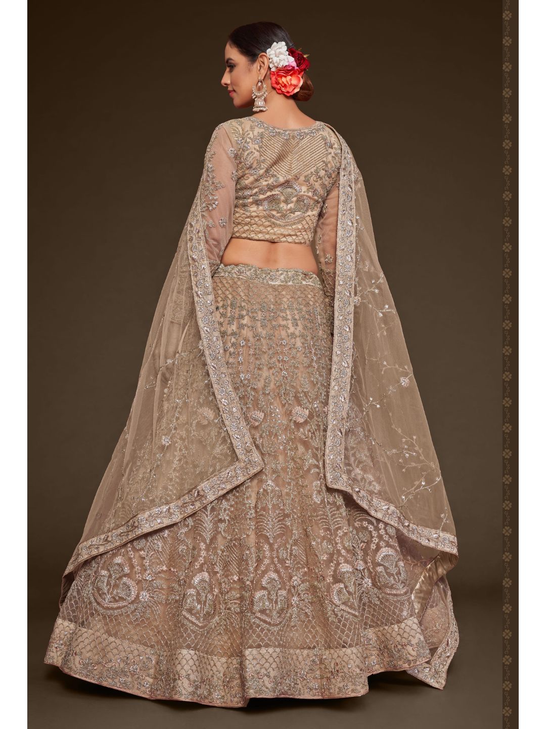 Net Wedding Lehenga in Beige with Zari work-90983