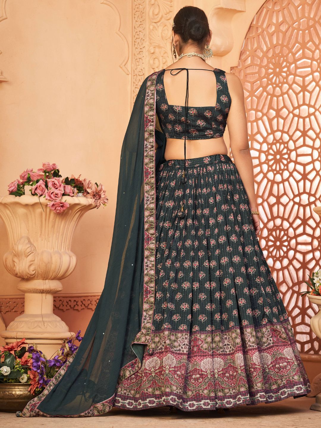 Digital Printed Chinnon Lehenga in Black and Grey