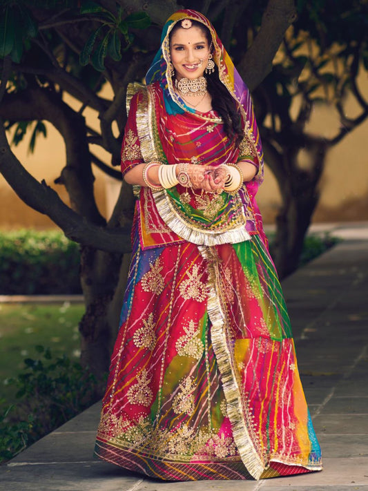 Lahariya Jari and Kundan Half Pure Traditional Rajputi Poshak In Multicolor Sawan Special Suit