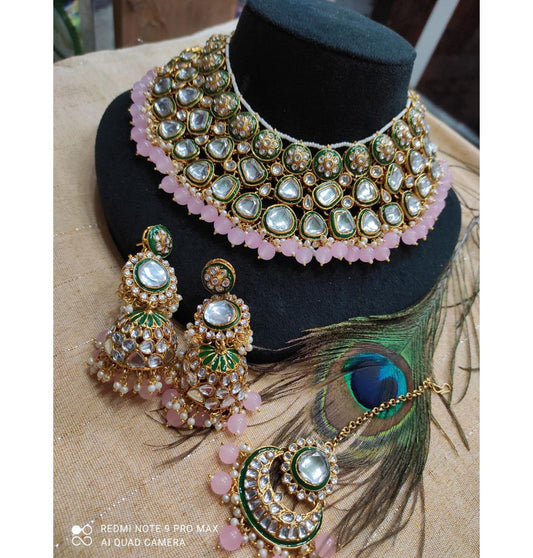 High Quality Kundan Pearl Studded Bridal Necklace Set-301075