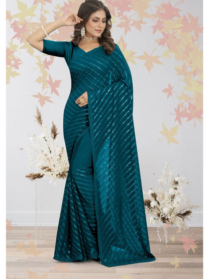 Sequins Georgette Partywear Saree In Blue