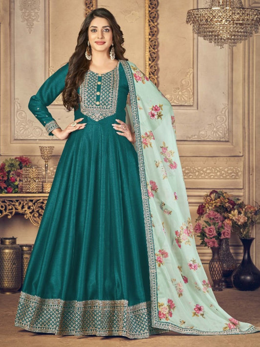 Embroidered Silk Mehendi Sangeet Gown in Green