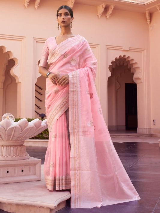 Weaving Linen Handloom Fastive Saree In Light Pink