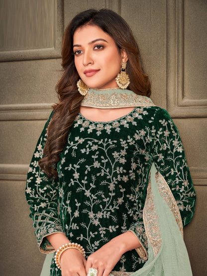 Embroidered Velvet Pakistani Suit in Green