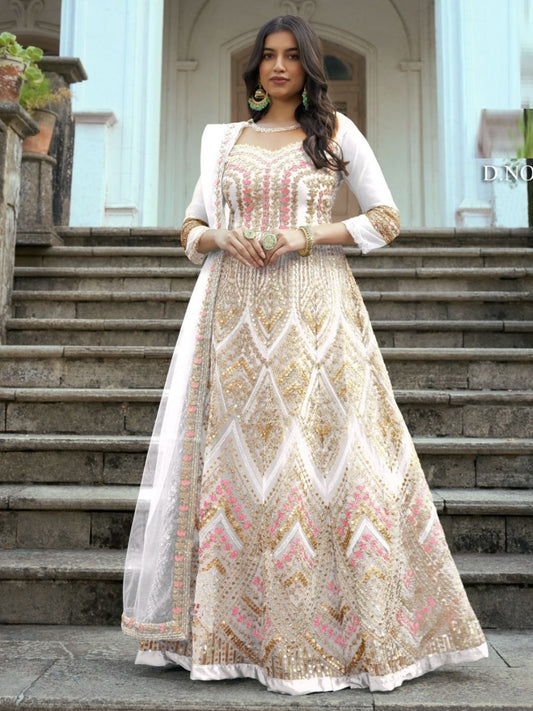 Embroidered Net Abaya Style Suit in off white and White
