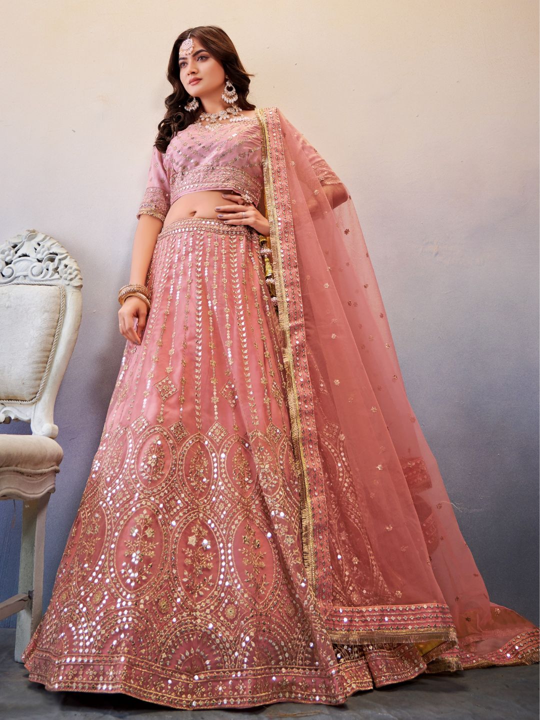 Sequance Net Bridal Lehenga in Pink