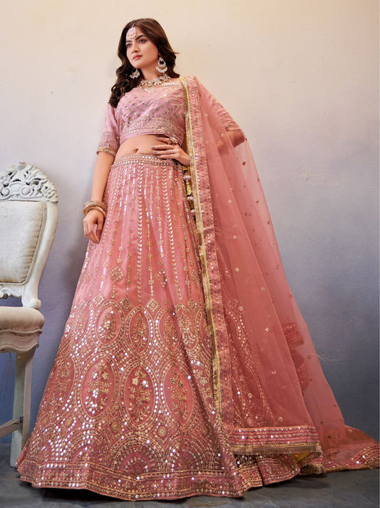 Sequance Net Bridal Lehenga in Pink