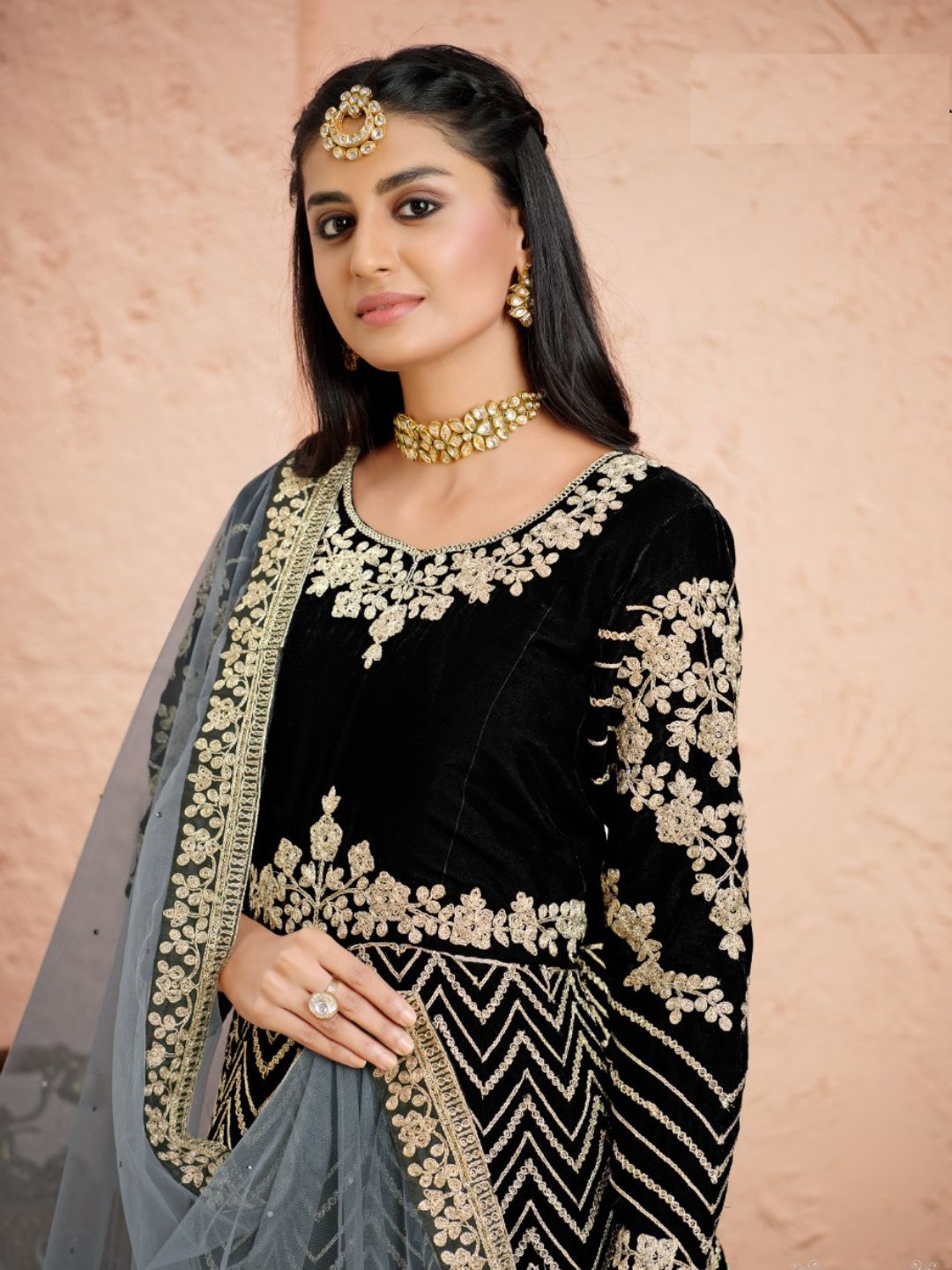 Mirror Velvet Winter Casual Salwar Kameez in Black