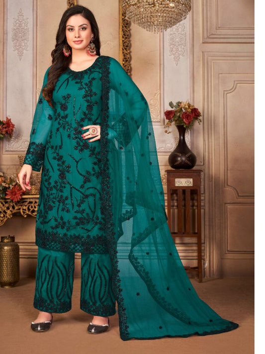 Thread Net Reception Salwar Kameez in Green