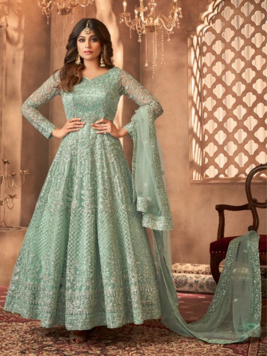 Embroidered Net Bollywood floor lenght Salwar Kameez in Green