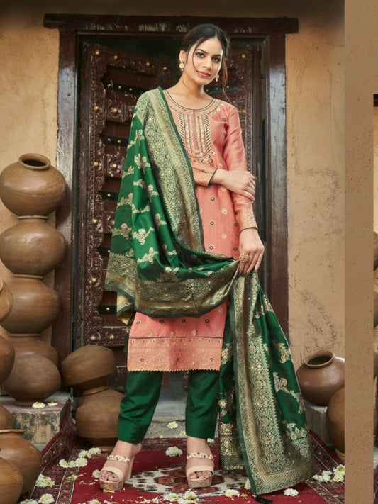 Embroidered Banarasi Silk Bollywood Salwar Kameez in Beige