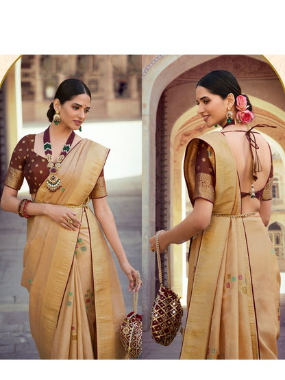 Embroidered Silk Traditional Saree In Brown