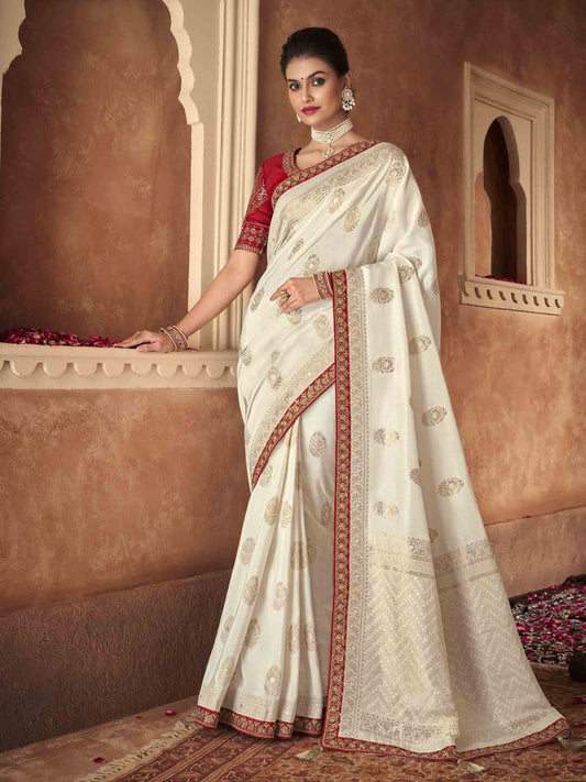 Embroidered Pure Dola Traditional Saree In Cream