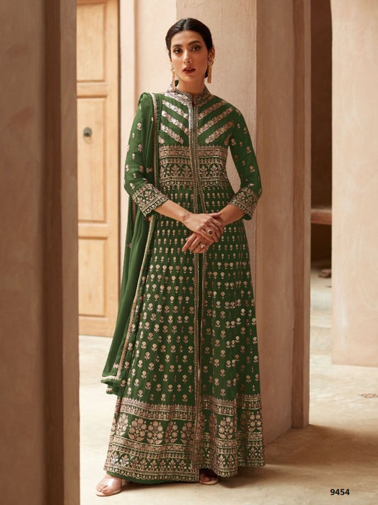 Embroidered Georgette Mehendi Sangeet Salwar Kameez in Green