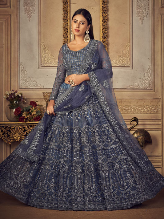 Embroidered Net With Banglori Silk Bridal Lehenga in Grey