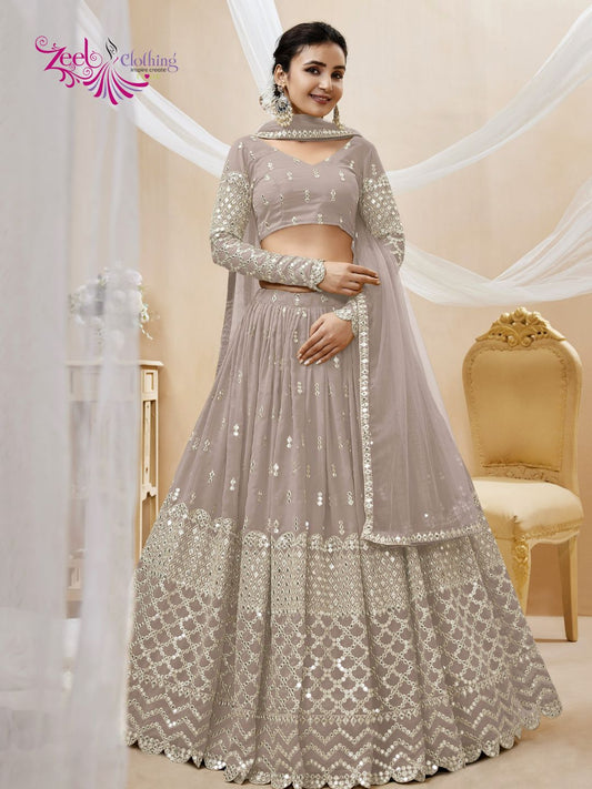 Embroidered Georgette Lehenga in Grey