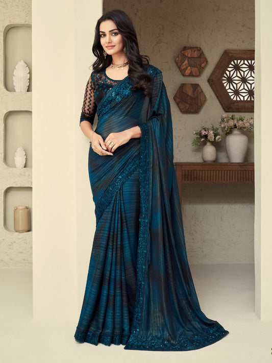 Embroidered Shimmer Silk Wedding Saree In Blue