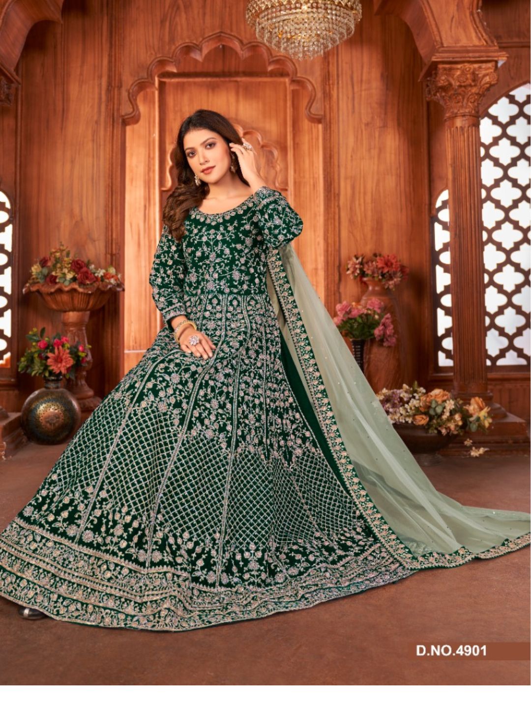 Zari Velvet Party Wear floor length Salwar Kameez In Green