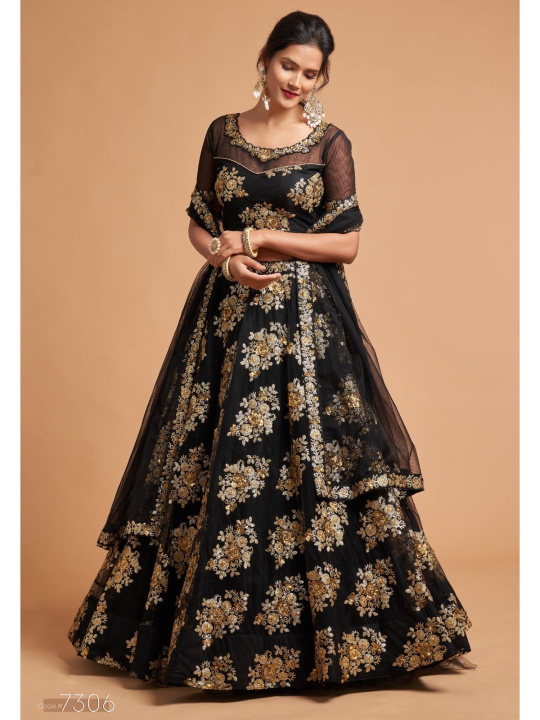 Sequence Net Fastive A Line Lehenga in Black