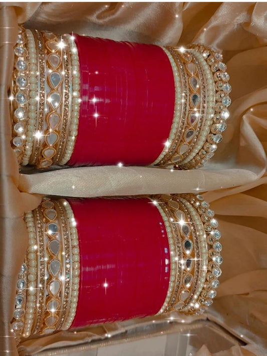 Red AD Stone-Studded Punjabi Chura Bridal Wedding Bangle Set-30913
