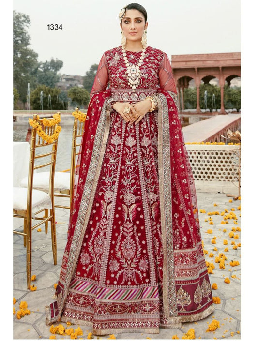 Embroidered Net Mehendi Sangeet Suits in Red