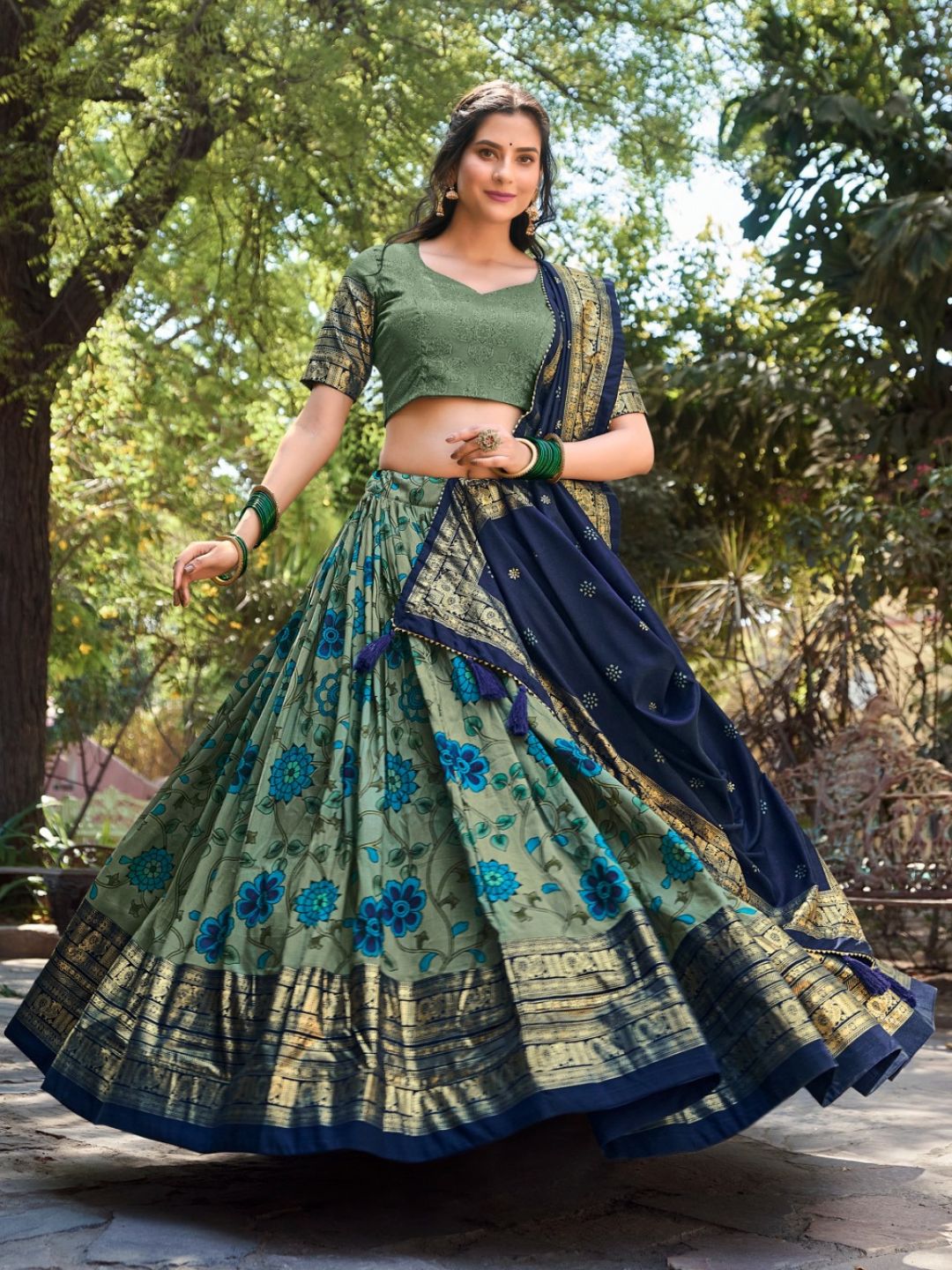 Kalamkari Tussar Silk Printed design Festive Lehenga In Blue color -82061