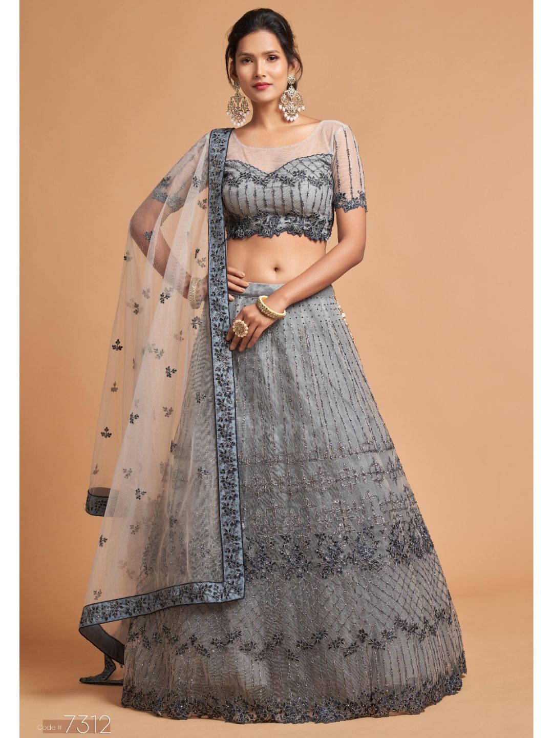 Sequence Net Fastive A Line Lehenga in Grey and Silver