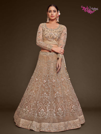 Net Wedding Lehenga in Beige with Zari work-90983