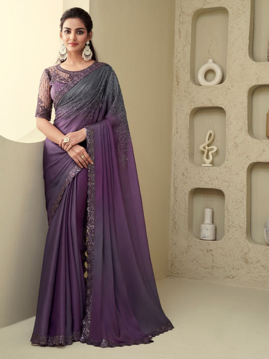 Embroidered Shimmer Silk Wedding Saree In Purple-80945