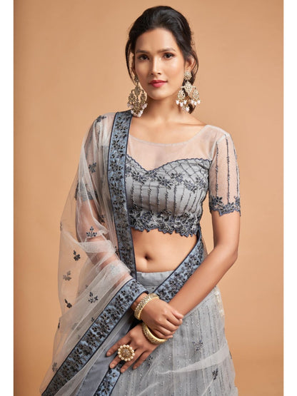 Sequence Net Fastive A Line Lehenga in Grey and Silver