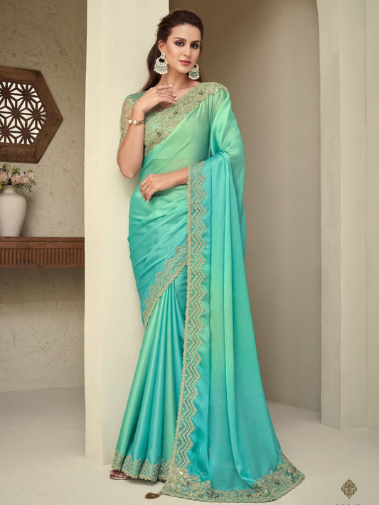 Embroidered Shimmer Silk Wedding Saree In turquoise-80946