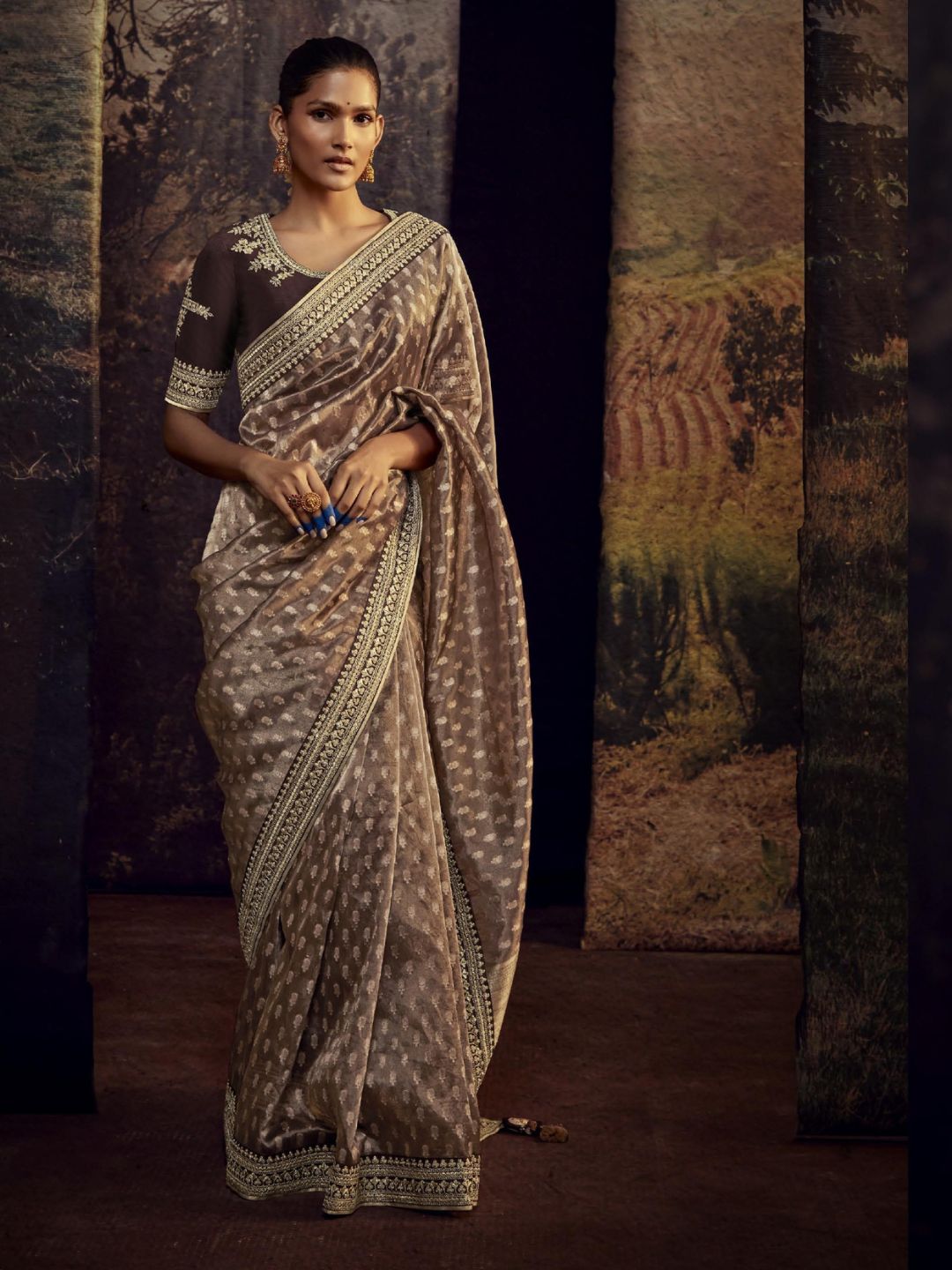 Embroidered Silk Soft Traditional Saree In Brown