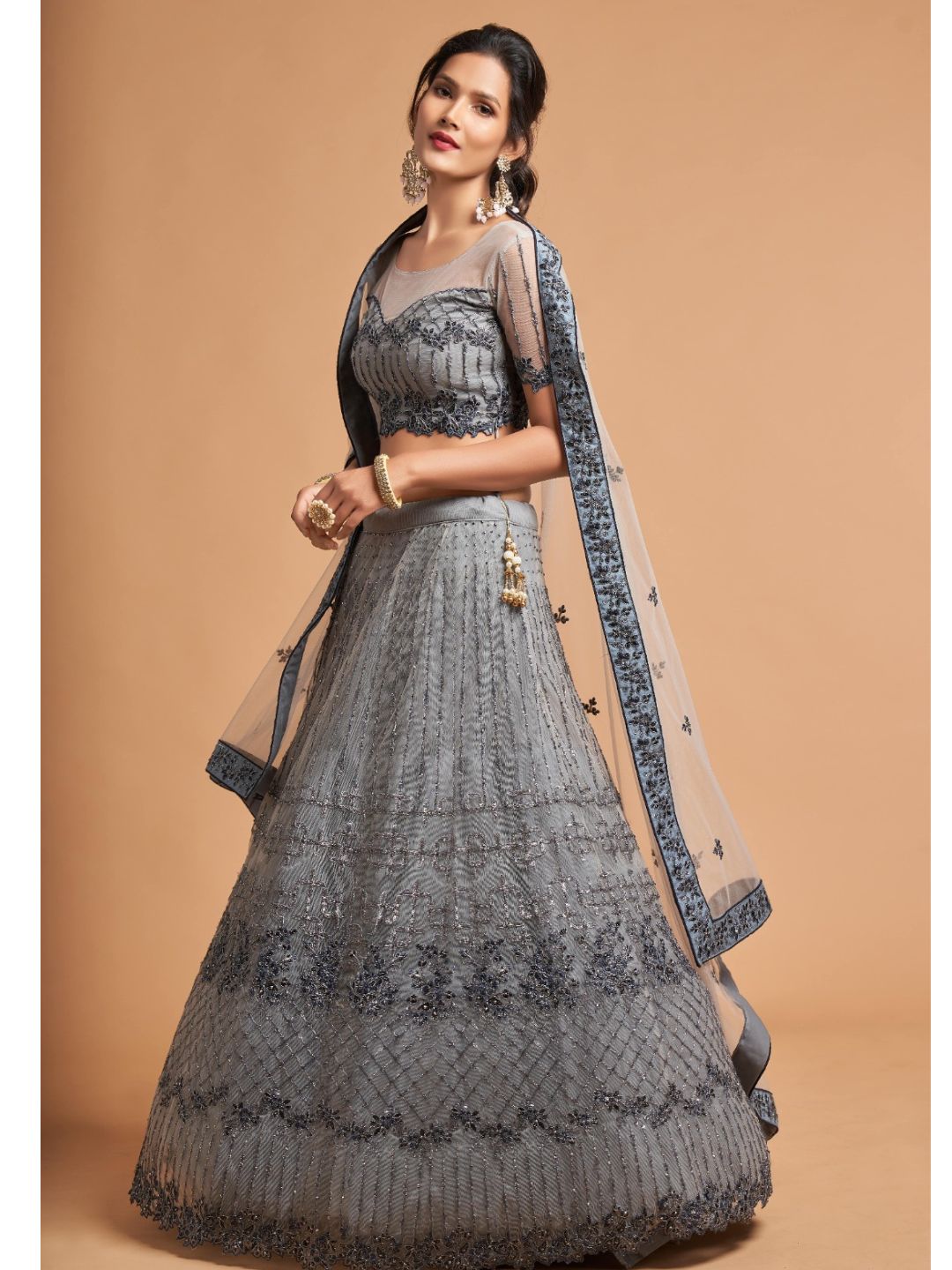 Sequence Net Fastive A Line Lehenga in Grey and Silver