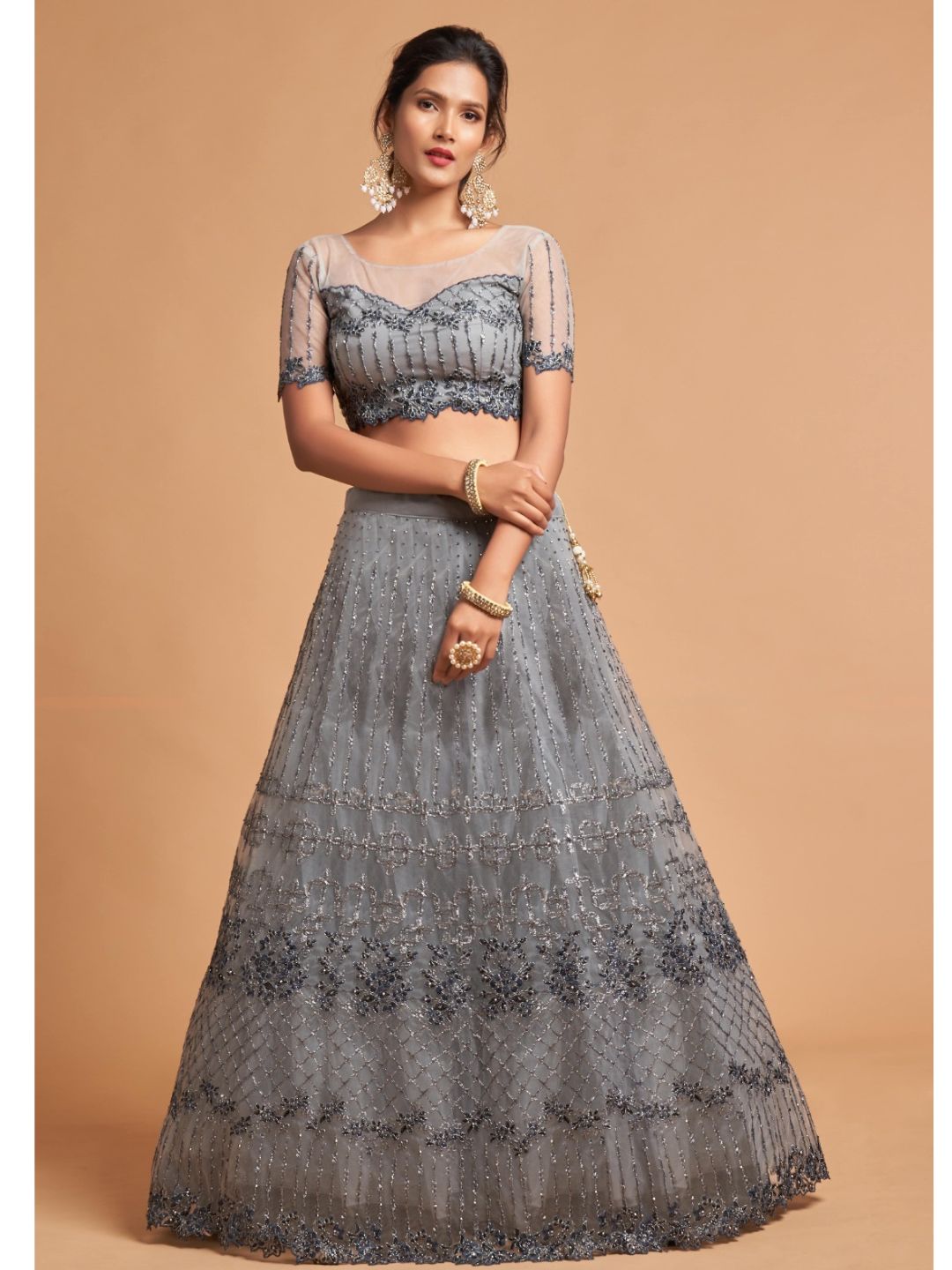 Sequence Net Fastive A Line Lehenga in Grey and Silver