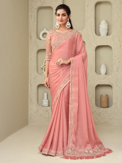 Embroidered Shimmer Silk Wedding Saree In Pink-80947