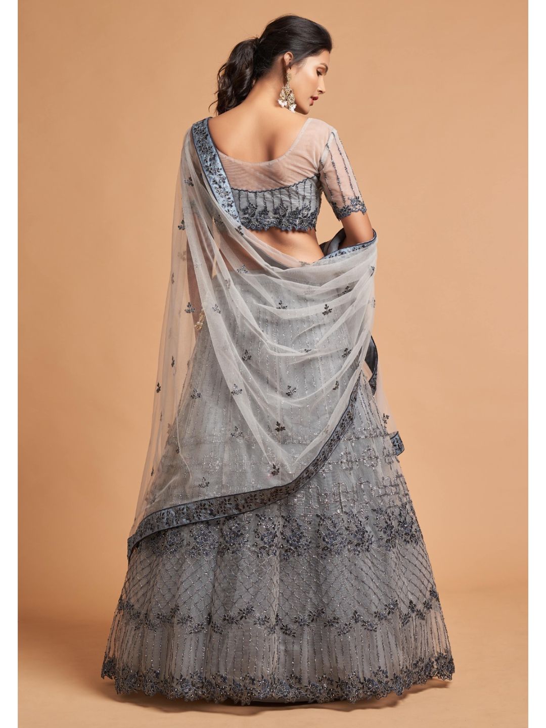 Sequence Net Fastive A Line Lehenga in Grey and Silver