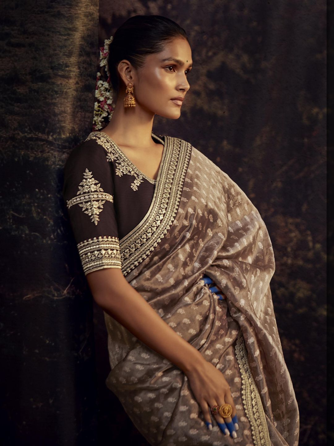 Embroidered Silk Soft Traditional Saree In Brown