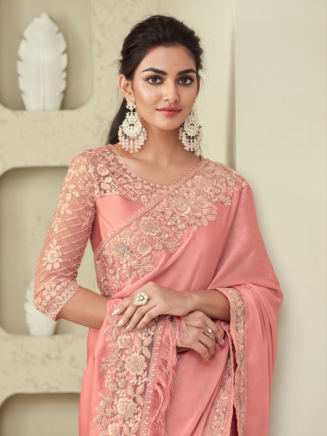 Embroidered Shimmer Silk Wedding Saree In Pink-80947