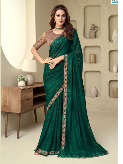 Embroidered Shimmer Silk Wedding Saree In Green-80948