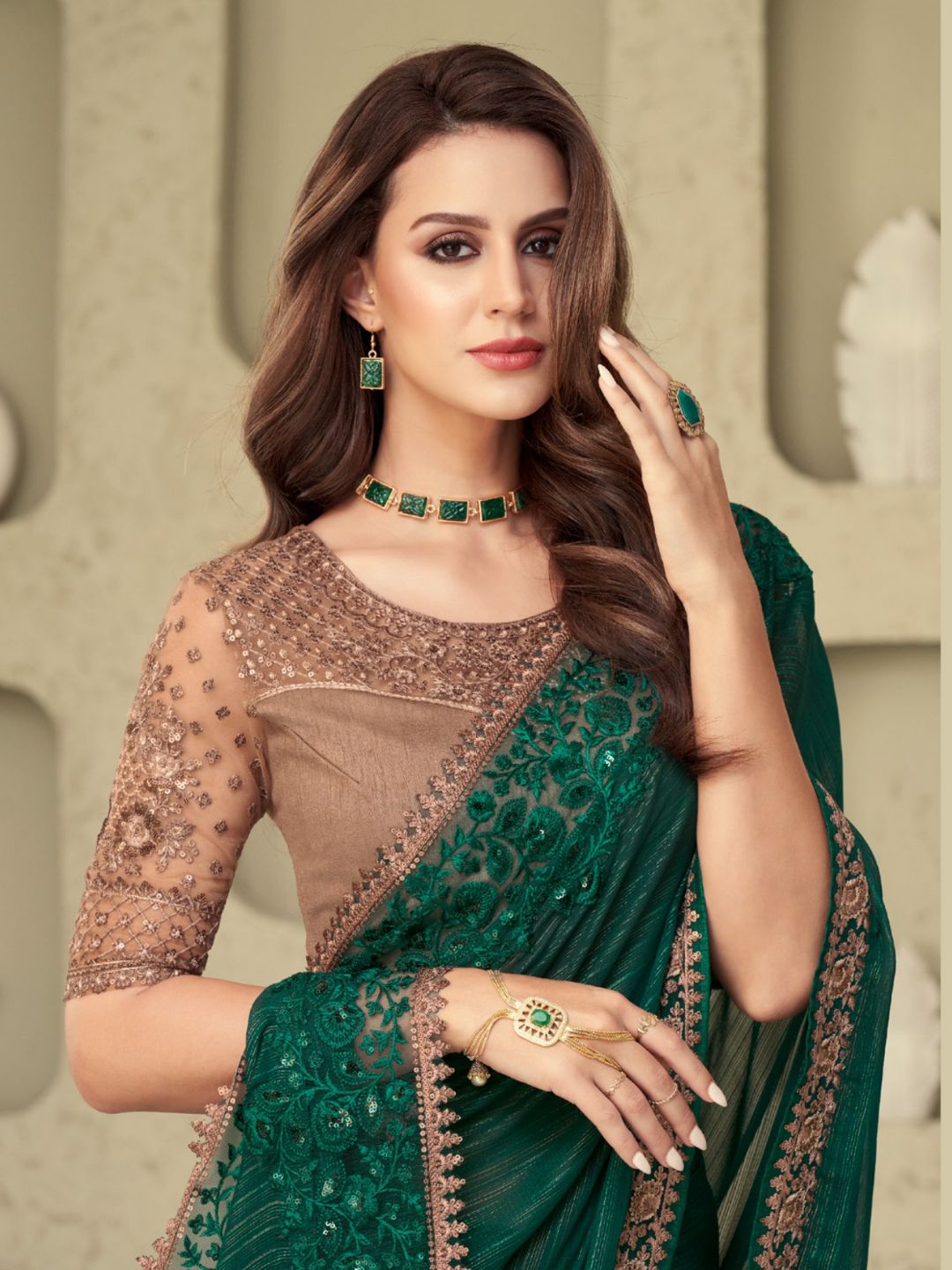 Embroidered Shimmer Silk Wedding Saree In Green-80948