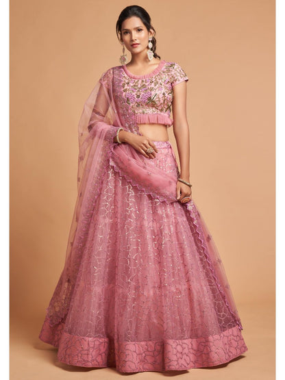 Sequence Net Fastive A Line Lehenga in Pink and Majenta-90947