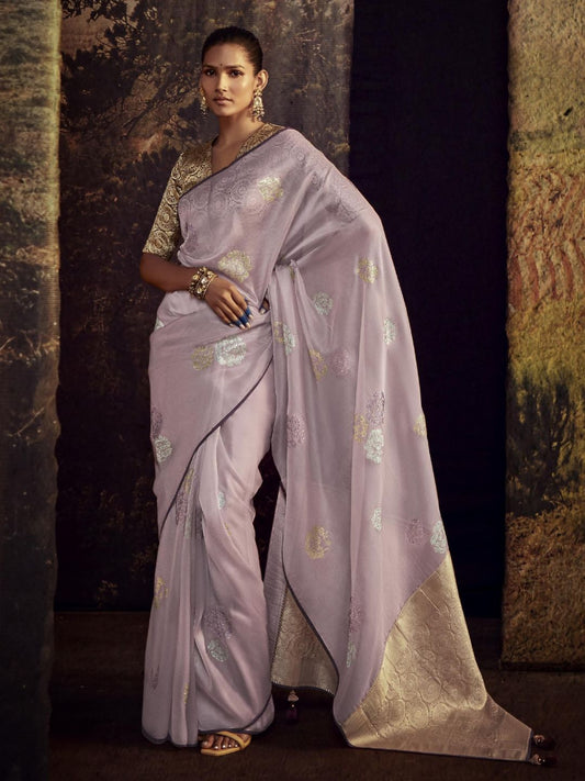 Embroidered Silk Soft Traditional Saree In Light Purple