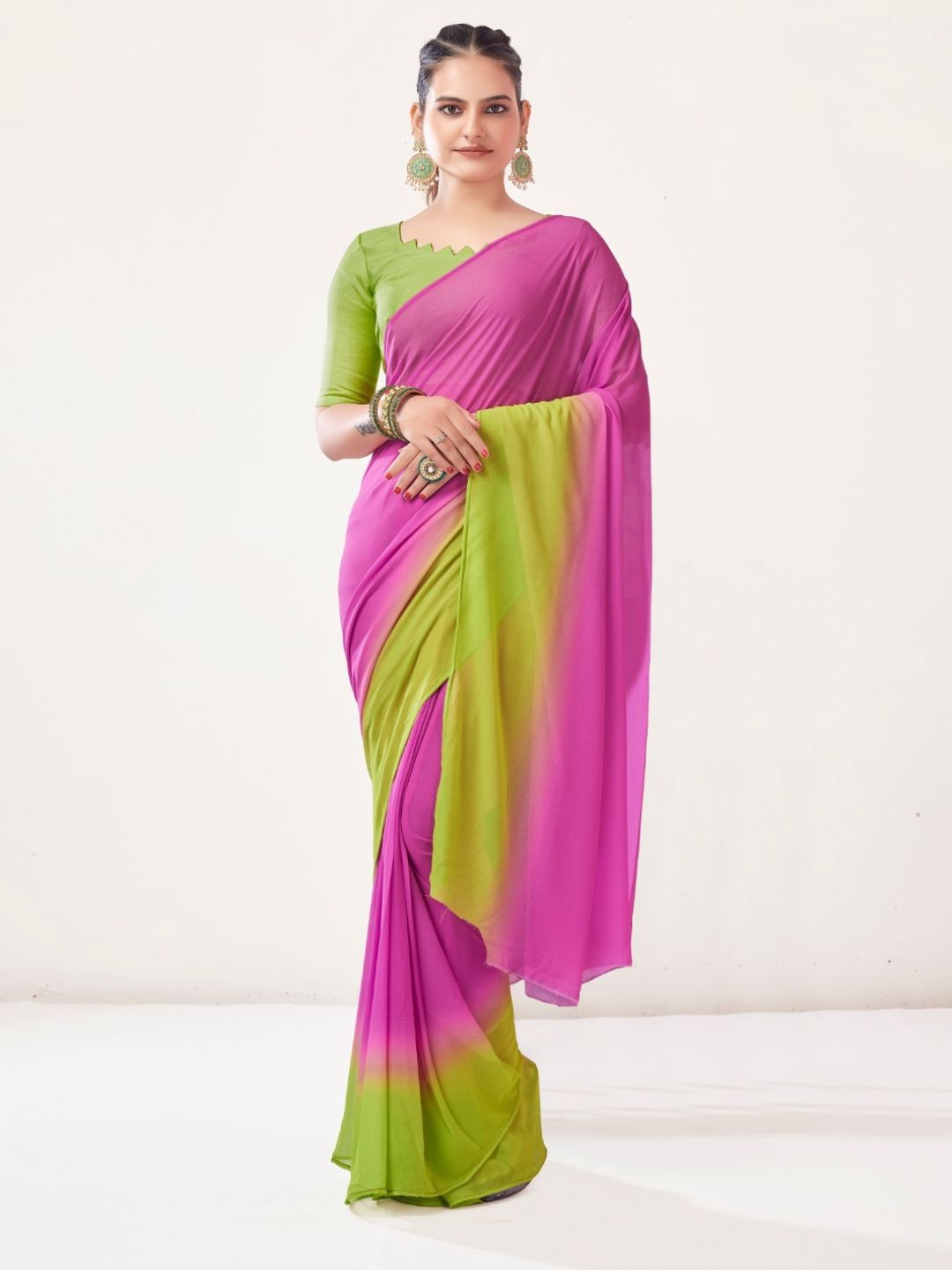 Georgette Bollywood Saree In Purple and Green