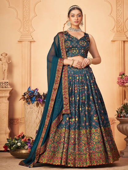 Digital Printed Chinnon Lehenga in Blue