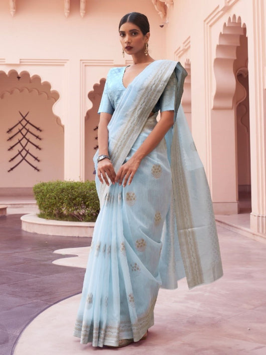 Weaving Linen Handloom Fastive Saree In Light Blue