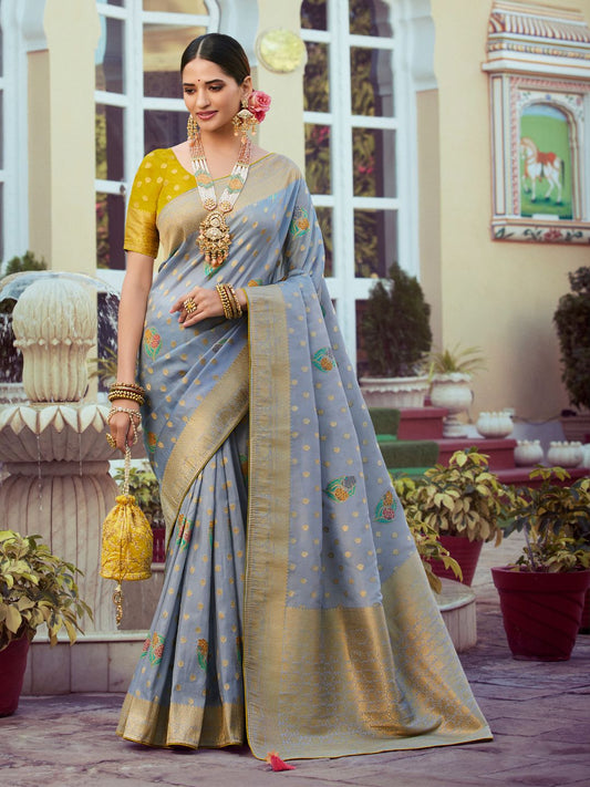 Embroidered Silk Traditional Saree In Grey