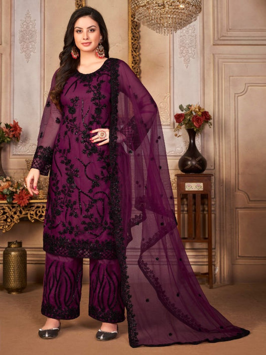 Thread Net Reception Salwar Kameez in Purple